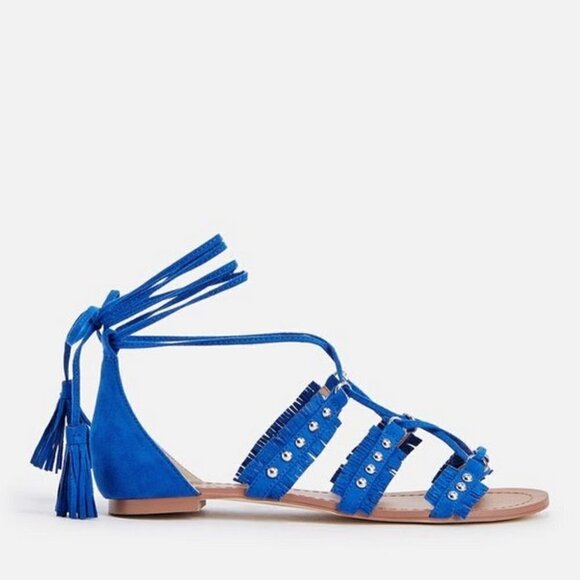 Boho Lace Up Strappy Cut Out Fringe Flat Sandals with Tassels - Picture 2 of 6